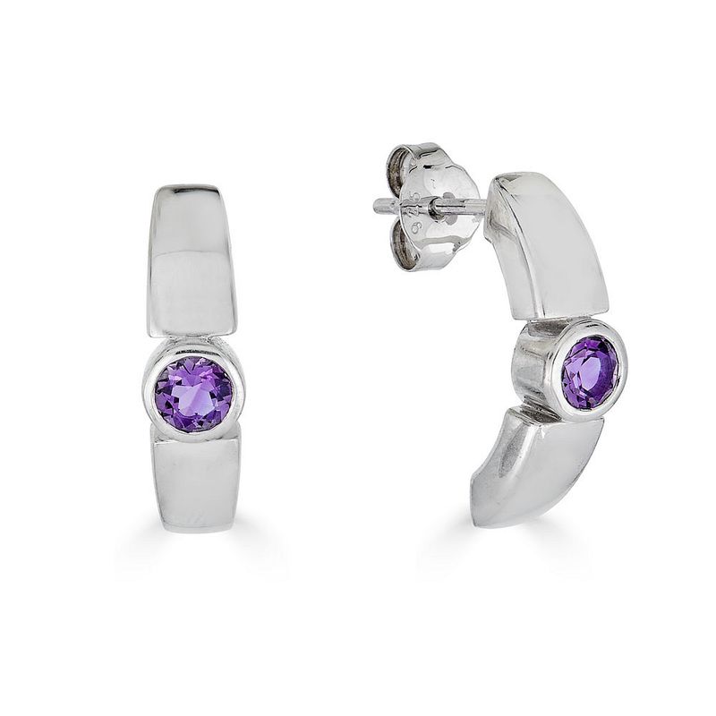 Silver Bezel-Set Round Amethyst Half Hoop Earrings