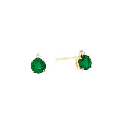 14KT Yellow Gold Round Emerald Round Diamond Accent Stud Earrings