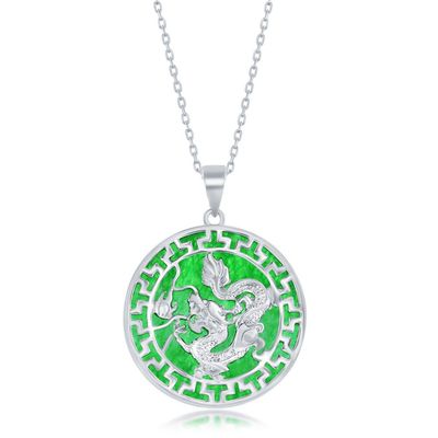 Silver Round Jade and Dragon Design Pendant Necklace