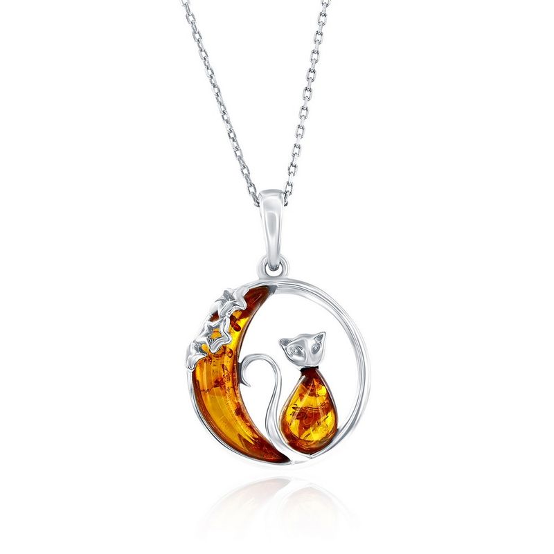 Silver Amber Cat and Moon Pendant Necklace