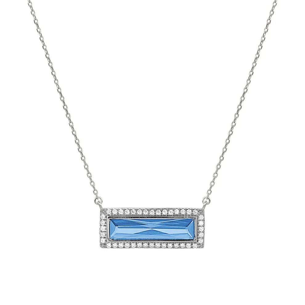 Silver Rectangle Simulated Blue Topaz Simulated Diamond Halo Necklace Silver Rectangle Simulated Blue Topaz Simulated Diamond Halo Necklace
