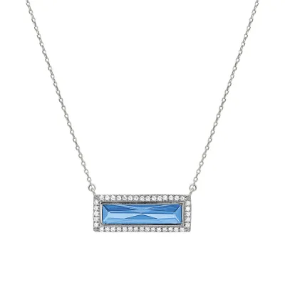 Silver Rectangle Simulated Blue Topaz Simulated Diamond Halo Necklace