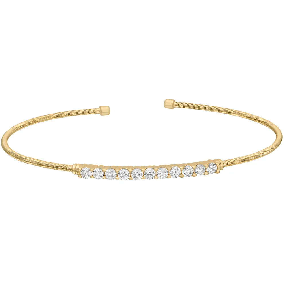 Yellow Gold-Plated Single Row Eleven Simulated Diamond Cuff Bracelet