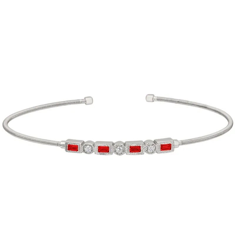 Silver Alternating Rectangle Simulated Ruby and Round Simulated Diamond Cuff Bracelet
