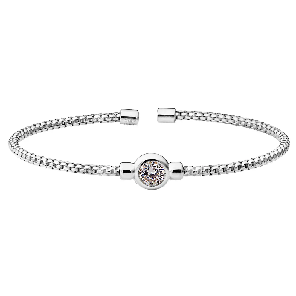 Silver Bezel-Set Round Simulated Diamond Cuff Bracelet