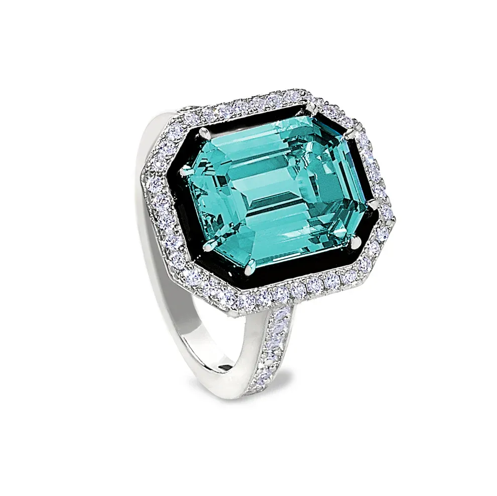 Silver Aqua Spinel, Black Enamel, and Simulated Diamond Halo Ring