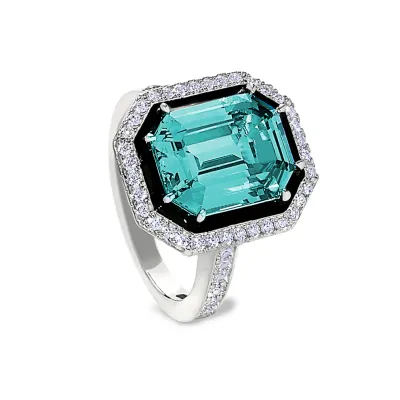 Silver Aqua Spinel, Black Enamel, and Simulated Diamond Halo Ring Silver Aqua Spinel, Black Enamel, and Simulated Diamond Halo Ring