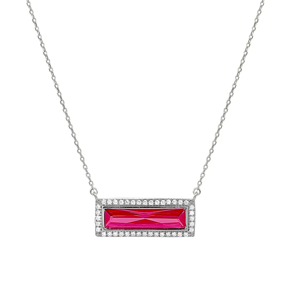 Silver Rectangle Simulated Ruby Simulated Diamond Halo Necklace Silver Rectangle Simulated Ruby Simulated Diamond Halo Necklace