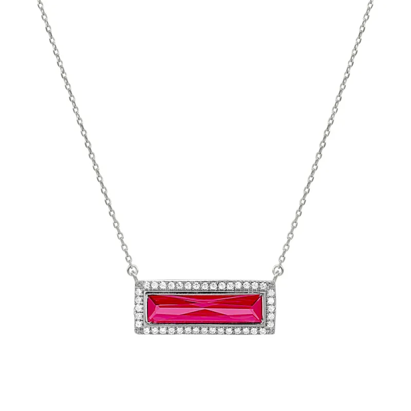 Silver Rectangle Simulated Ruby Simulated Diamond Halo Necklace