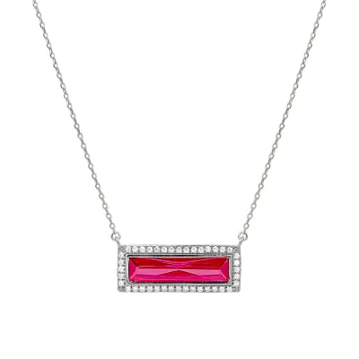 Silver Rectangle Simulated Ruby Simulated Diamond Halo Necklace Silver Rectangle Simulated Ruby Simulated Diamond Halo Necklace