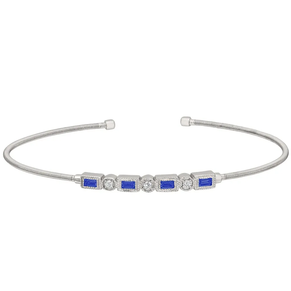 Silver Alternating Rectangle Simulated Sapphire and Round Simulated Diamond Cuff Bracelet