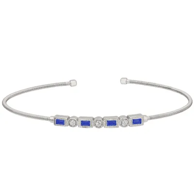 Silver Alternating Rectangle Simulated Sapphire and Round Simulated Diamond Cuff Bracelet