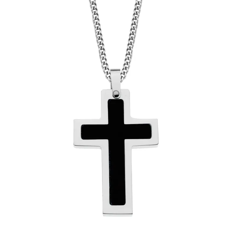 Stainless Steel and Matte Black Center Cross Necklace