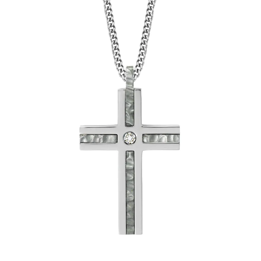 Stainless Steel with Hammered Finish and Diamond Center Cross Pendant Necklace Stainless Steel with Hammered Finish and Diamond Center Cross Pendant Necklace