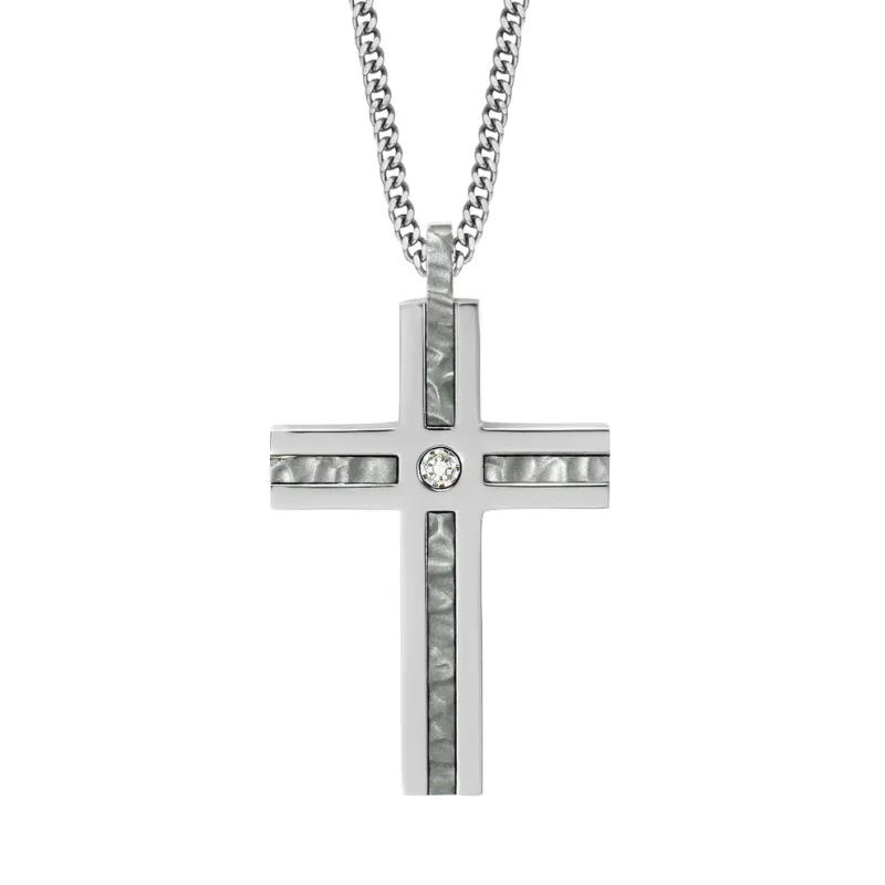 Stainless Steel with Hammered Finish and Diamond Center Cross Pendant Necklace