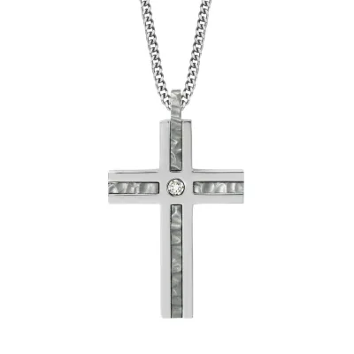 Stainless Steel with Hammered Finish and Diamond Center Cross Pendant Necklace Stainless Steel with Hammered Finish and Diamond Center Cross Pendant Necklace