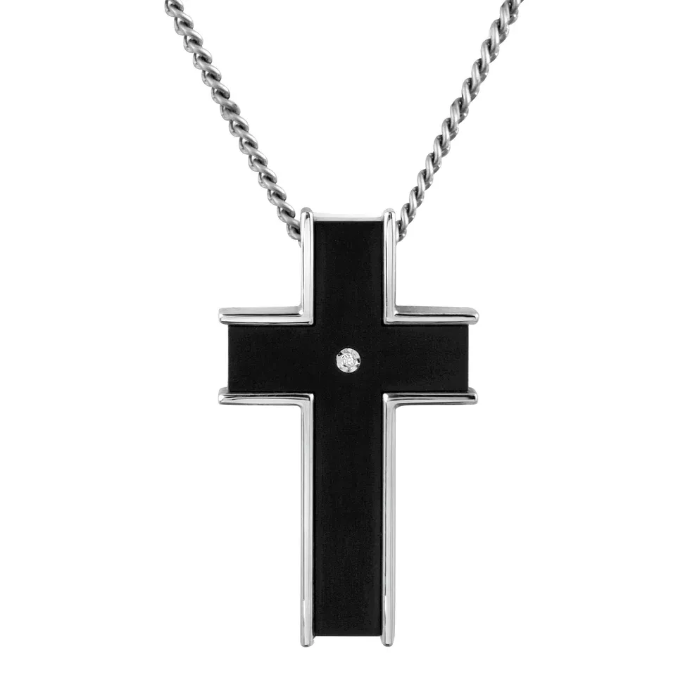 Stainless Steel with Black Titanium and Round Diamond Center Cross Pendant Necklace