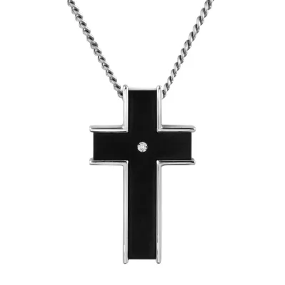 Stainless Steel with Black Titanium and Round Diamond Center Cross Pendant Necklace Stainless Steel with Black Titanium and Round Diamond Center Cross Pendant Necklace