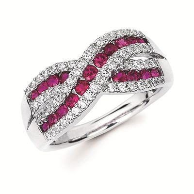 14KT White Gold Round Rubies and Diamond Woven Ring
