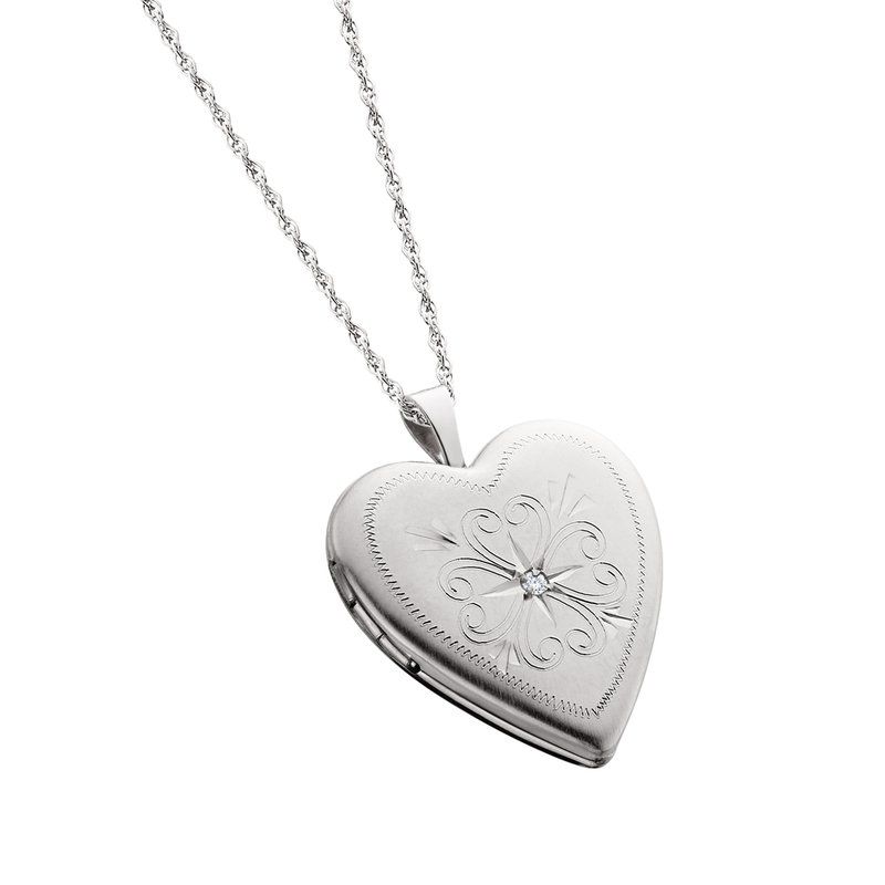 Silver Heart Center Diamond Accent Heart Locket Necklace