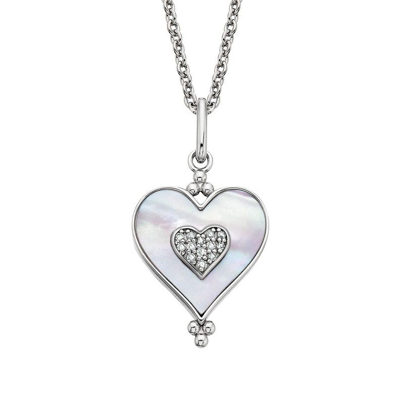 Silver Mother-of-Pearl with Diamond Accents Heart Necklace