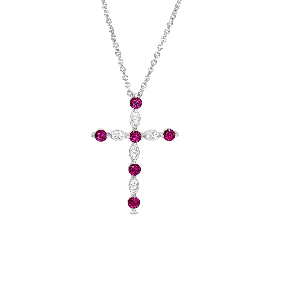 Silver Simulated Ruby and Simulated Diamond Cross Necklace Silver Simulated Ruby and Simulated Diamond Cross Necklace