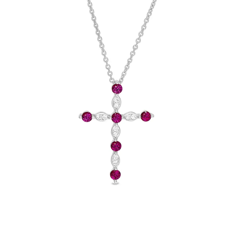 Silver Simulated Ruby and Simulated Diamond Cross Necklace