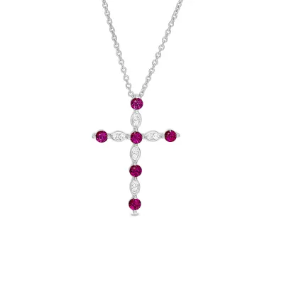 Silver Simulated Ruby and Simulated Diamond Cross Necklace
