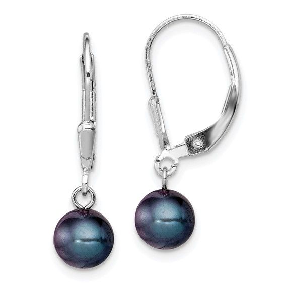 Silver Round Black Freshwater Cultured Pearl Dangle Earrings