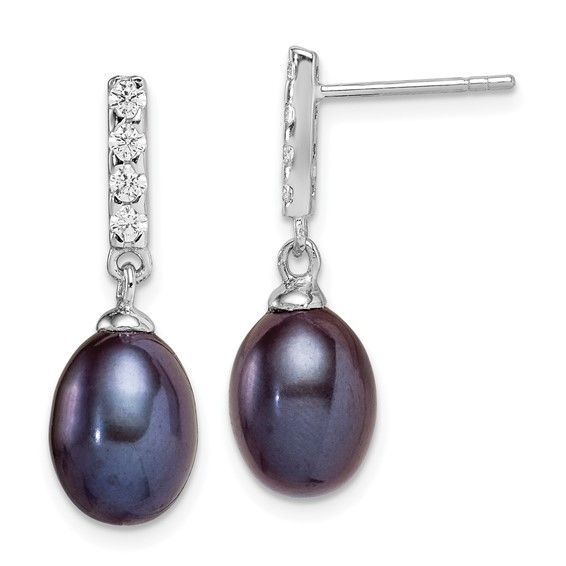 Silver Teardrop Black Freshwater Cultured Pearl with Cubic Zirconia Post Dangle Earrings