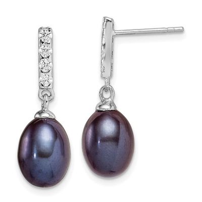 Silver Teardrop Black Freshwater Cultured Pearl with Cubic Zirconia Post Dangle Earrings