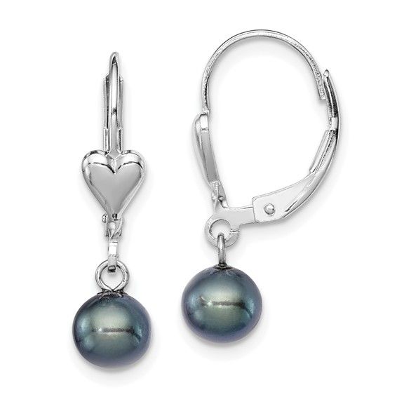 Silver Round Black Freshwater Cultured Pearl Heart Leverback Dangle Earrings