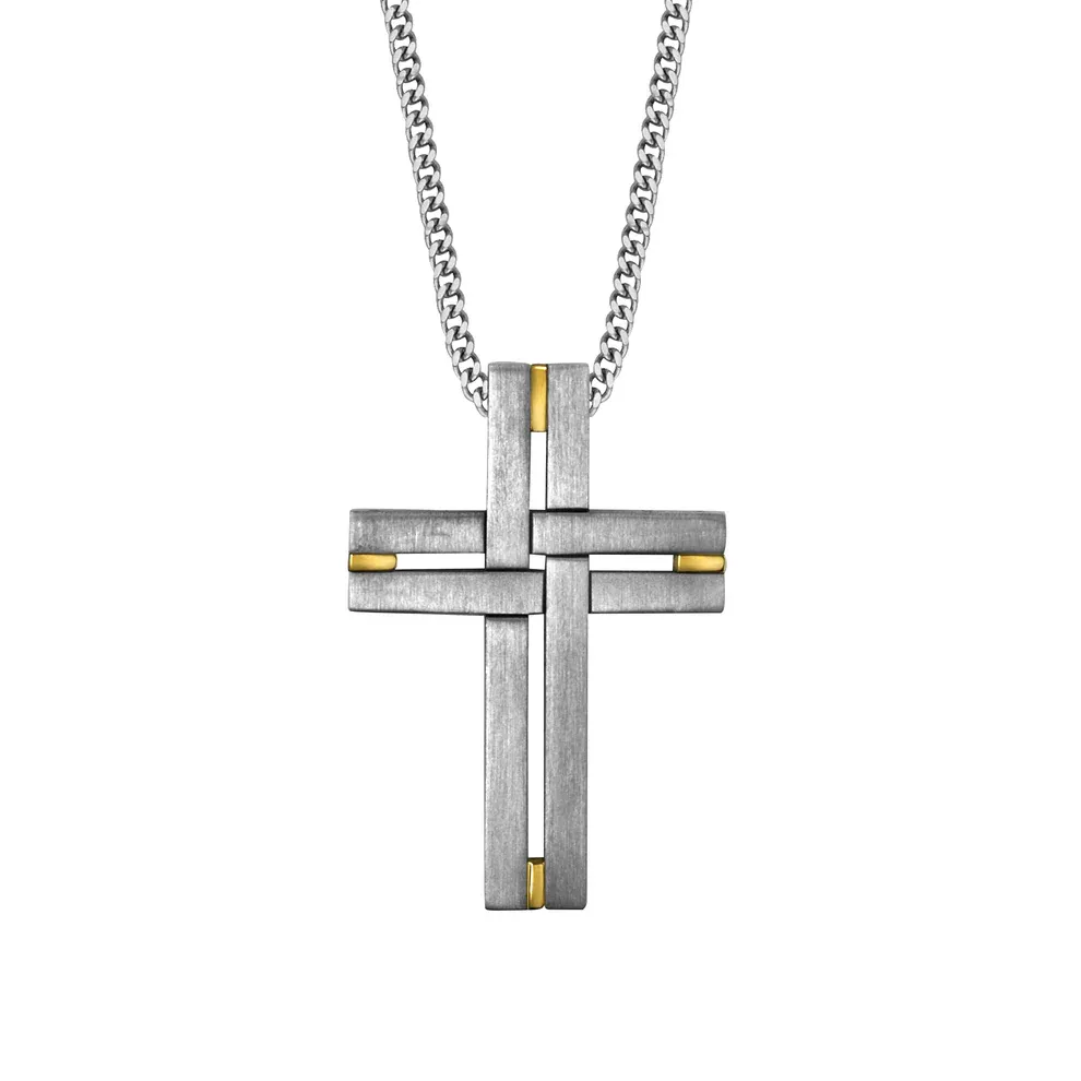 Legere Stainless Steel Yellow Gold-Plated Accent Basketweave Cross Necklace