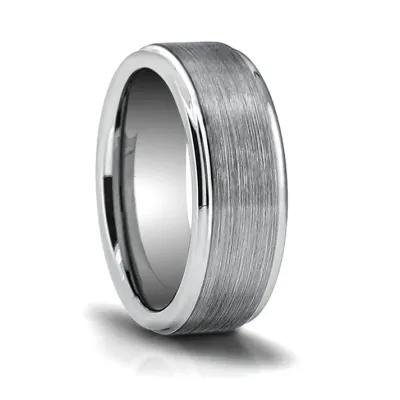 Gray Tungsten Brushed with Polished Step-Down Edge Wide Band Gray Tungsten Brushed with Polished Step-Down Edge Wide Band