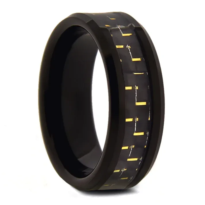Black Tungsten with Black and Gold Carbon Fiber Band