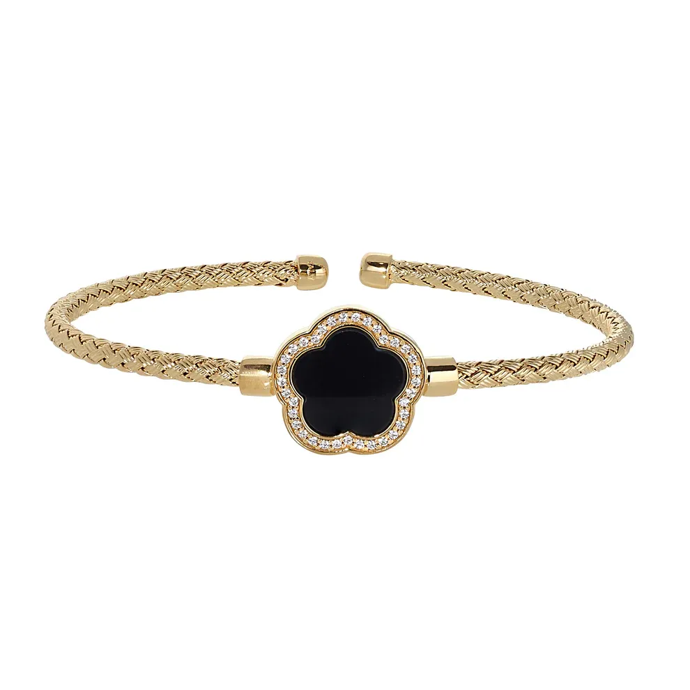 Bella Cavo Yellow Gold-Plated Black Flower Basketweave Cuff Bracelet Bella Cavo Yellow Gold-Plated Black Flower Basketweave Cuff Bracelet