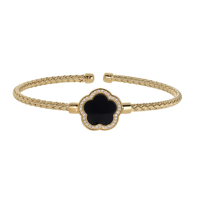 Bella Cavo Yellow Gold-Plated Black Flower Basketweave Cuff Bracelet