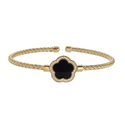 Bella Cavo Yellow Gold-Plated Black Flower Basketweave Cuff Bracelet
