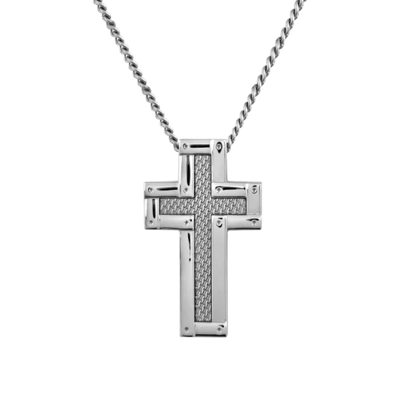Legere Stainless Steel Mesh with Polished Border Cross Necklace