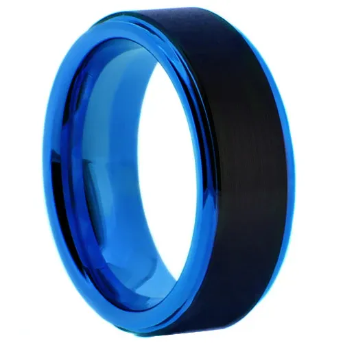Black Tungsten with Inner Blue Tone and Step-Edge Wide Band