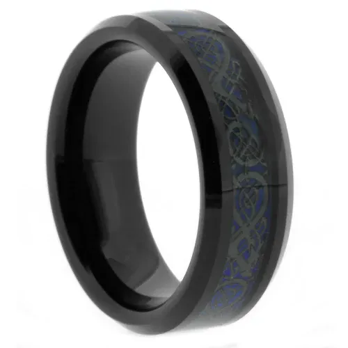 Black Tungsten Blue and Black Dragon Design Band