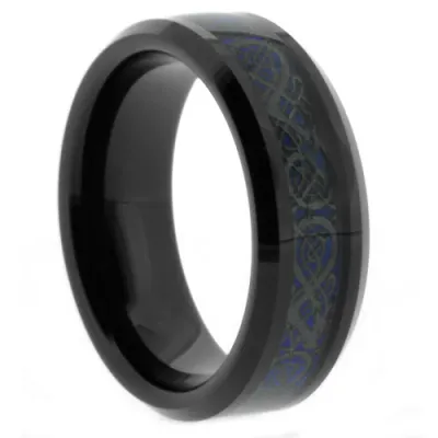 Black Tungsten Blue and Black Dragon Design Band