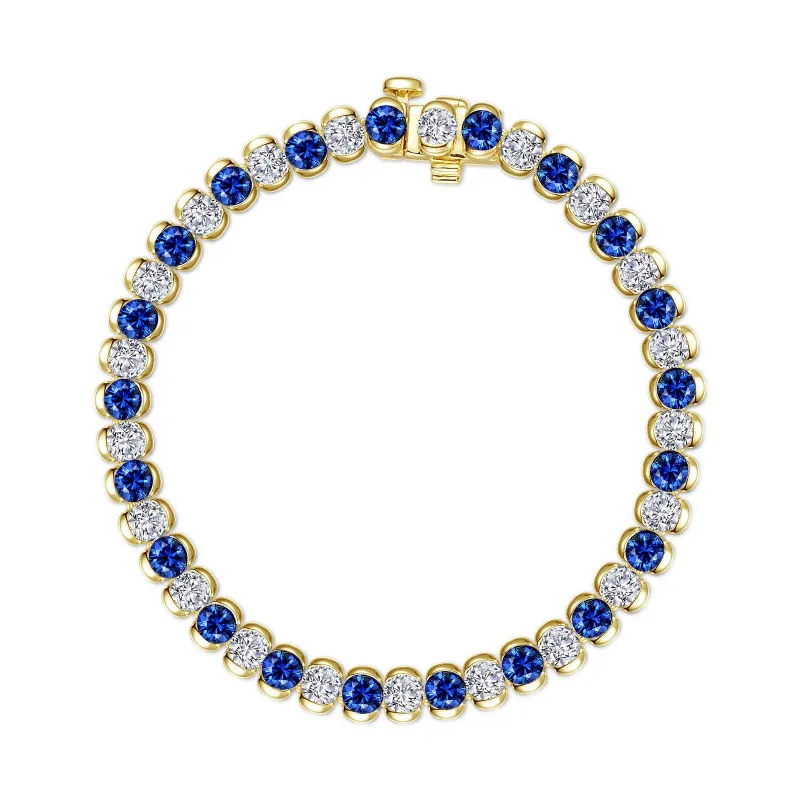 Yellow Gold-Plated Alternating White and Blue Round Cubic Zirconia Tennis Bracelet
