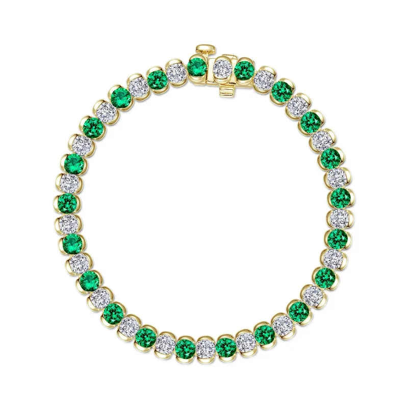 Yellow Gold-Plated Alternating White and Green Round Cubic Zirconia Tennis Bracelet