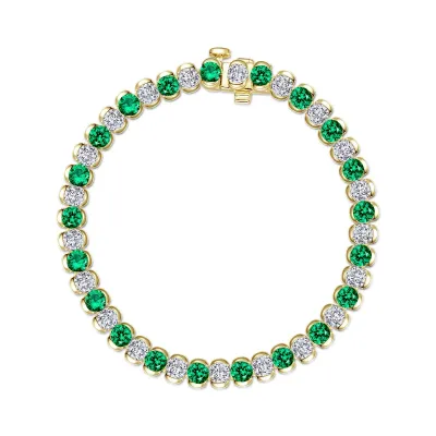Yellow Gold-Plated Alternating White and Green Round Cubic Zirconia Tennis Bracelet