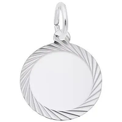 Silver Engravable Faceted Border Round Disc Pendant Charm
