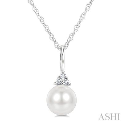 10KT White Gold Cultured Pearl Three Round Diamond Accent Necklace