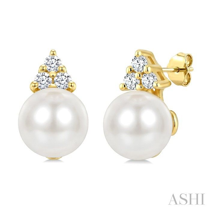 10KT Yellow Gold Cultured Pearls and Six Diamond Accents Earrings