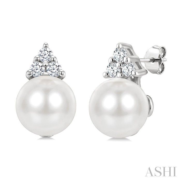 10KT White Gold Cultured Pearls and Six Diamond Accents Earrings