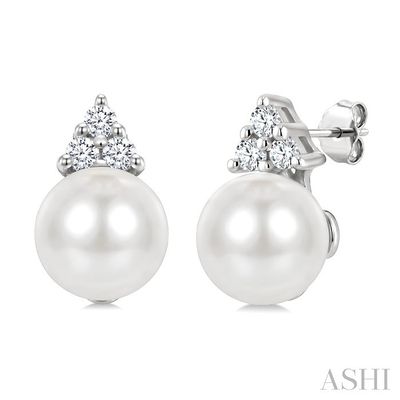 10KT White Gold Cultured Pearls and Six Diamond Accents Earrings